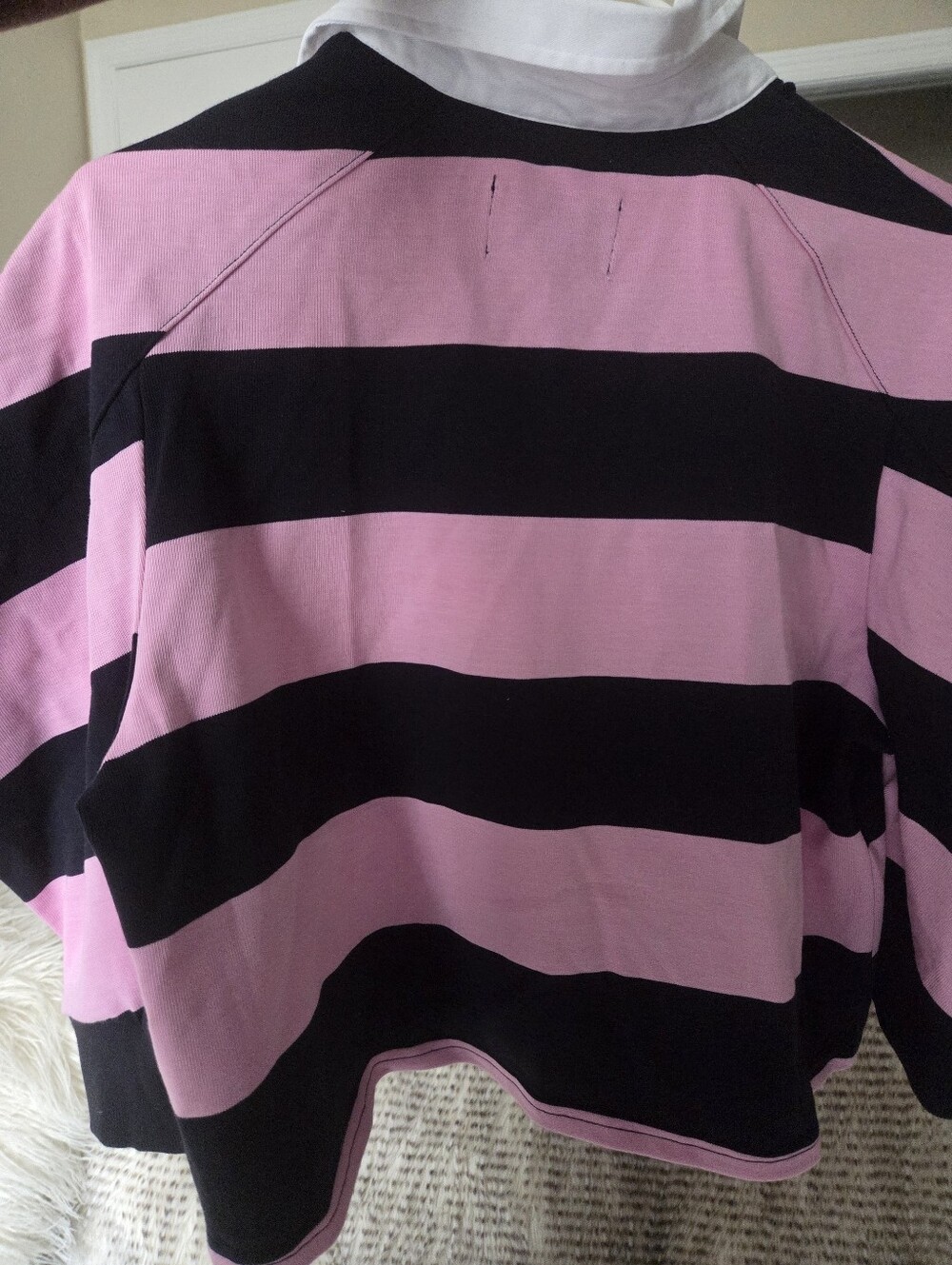 KBB by Khalana Puff-Sleeve Rugby Polo Top - Pink & Navy - Picture 5 of 6